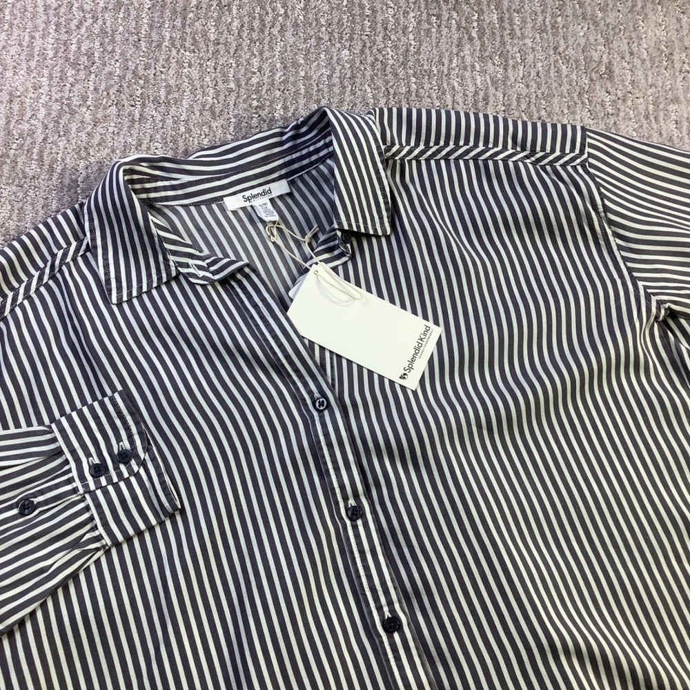 Splendid Kind Womens Striped Long Sleeve Button Down Shirt Navy Size XS NWT